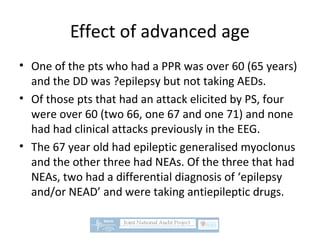 Effect of advanced age
• One of the pts who had a PPR was over 60 (65 years)
and the DD was ?epilepsy but not taking AEDs.
• Of those pts that had an attack elicited by PS, four
were over 60 (two 66, one 67 and one 71) and none
had had clinical attacks previously in the EEG.
• The 67 year old had epileptic generalised myoclonus
and the other three had NEAs. Of the three that had
NEAs, two had a differential diagnosis of ‘epilepsy
and/or NEAD’ and were taking antiepileptic drugs.
 