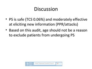 Discussion
• PS is safe (TCS 0.06%) and moderately effective
at eliciting new information (PPR/attacks)
• Based on this audit, age should not be a reason
to exclude patients from undergoing PS
 