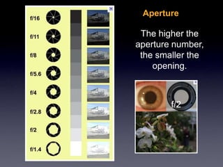 Aperture
The higher the
aperture number,
the smaller the
opening.
f/2
 