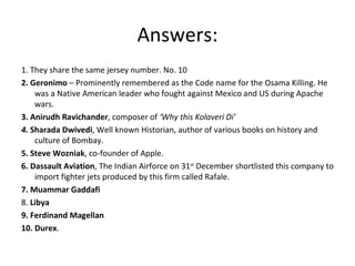 Answers:
1. They share the same jersey number. No. 10
2. Geronimo – Prominently remembered as the Code name for the Osama Killing. He
    was a Native American leader who fought against Mexico and US during Apache
    wars.
3. Anirudh Ravichander, composer of ‘Why this Kolaveri Di’
4. Sharada Dwivedi, Well known Historian, author of various books on history and
    culture of Bombay.
5. Steve Wozniak, co-founder of Apple.
6. Dassault Aviation, The Indian Airforce on 31st December shortlisted this company to
    import fighter jets produced by this firm called Rafale.
7. Muammar Gaddafi
8. Libya
9. Ferdinand Magellan
10. Durex.
 