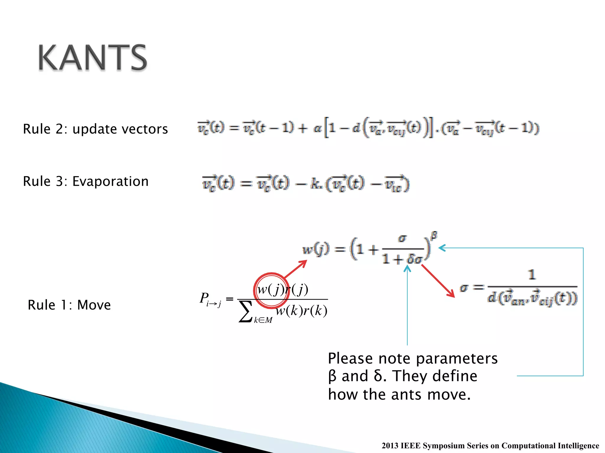 2013 IEEE Symposium Series on Computational Intelligence
Rule 2: update vectors
Rule 3: Evaporation
Rule 1: Move
Please note parameters
β and δ. They define
how the ants move.
Pi!j =
w( j)r( j)
w(k)r(k)
k"M
#
 
