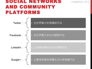 SOCIAL NETWORKS   小麥梗資訊工作室

AND COMMUNITY
PLATFORMS
 