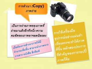 การส าเนา (Copy)
            ภาพถ่ าย


เป็ นการถ่ ายภาพของภาพที่
ถ่ ายมาแล้ วอีก ทีห นึ่ง ความ
คมชัด ของภาพอาจลดน้ อ ยลง
 
