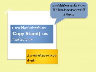 การน าไปอัด ขยายเพิ่ม จ านวน
                               ได้ วิธ ีก ารส าเนาสามารถท าได้
                                            2 ลัก ษณะ


1. การใช้ แ ท่ น ถ่ ายส าเนา
(Copy Stand) แท่ น
ถ่ ายส าเนาภาพ


            2. การท าส าเนาภาพบน
            ข้ างฝา
 