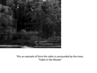 This an example of form the cabin is surrounded by the trees.
“Cabin in the Woods”
 