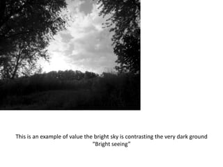 This is an example of value the bright sky is contrasting the very dark ground
“Bright seeing”
 