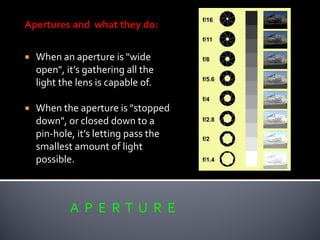 A P E R T U R E
 When an aperture is "wide
open", it’s gathering all the
light the lens is capable of.
 When the aperture is "stopped
down", or closed down to a
pin-hole, it’s letting pass the
smallest amount of light
possible.
 