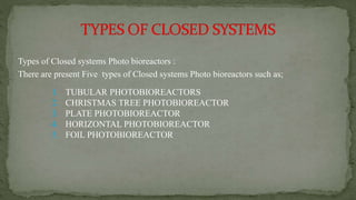 Types of Closed systems Photo bioreactors :
There are present Five types of Closed systems Photo bioreactors such as;
1. TUBULAR PHOTOBIOREACTORS
2. CHRISTMAS TREE PHOTOBIOREACTOR
3. PLATE PHOTOBIOREACTOR
4. HORIZONTAL PHOTOBIOREACTOR
5. FOIL PHOTOBIOREACTOR
 