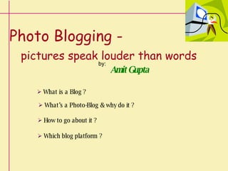 Photo Blogging -     pictures speak louder than words by: Amit Gupta ,[object Object],[object Object],[object Object],[object Object]