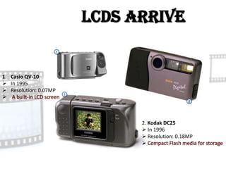 LCDs Arrive


1. Casio QV-10
 In 1995
 Resolution: 0.07MP




                             2. Kodak DC25
                              In 1996
                              Resolution: 0.18MP
                             
 