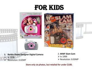For Kids




1. Barbie Photo Designer Digital Camera   2. WWF Slam Cam
 In 1998                                  In 1999
 Resolution: 0.02MP                       Resolution: 0.02MP
 
