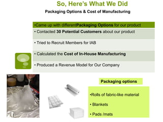 So, Here’s What We Did
     Packaging Options & Cost of Manufacturing


•Came up with differentPackaging Options for our product
• Contacted 30 Potential Customers about our product

• Tried to Recruit Members for IAB

• Calculated the Cost of In-House Manufacturing

• Produced a Revenue Model for Our Company



                                     Packaging options


                              •Rolls of fabric-like material

                              • Blankets

                              • Pads /mats
 
