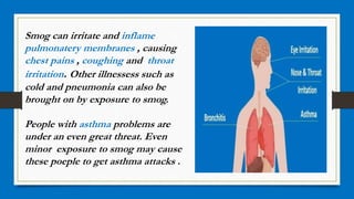 Smog can irritate and inflame
pulmonatery membranes , causing
chest pains , coughing and throat
irritation. Other illnessess such as
cold and pneumonia can also be
brought on by exposure to smog.
People with asthma problems are
under an even great threat. Even
minor exposure to smog may cause
these poeple to get asthma attacks .
 