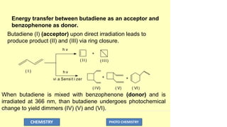 Energy transfer between butadiene as an acceptor and
benzophenone as donor.
( I ) h v
vi a Sensit i zer
( II) ( III)
Butadiene (I) (acceptor) upon direct irradiation leads to
produce product (II) and (III) via ring closure.
h v
+
+ +
( IV) ( V) ( VI)
When butadiene is mixed with benzophenone (donor) and is
irradiated at 366 nm, than butadiene undergoes photochemical
change to yield dimmers (IV) (V) and (VI).
CHEMISTRY PHOTO CHEMISTRY
 