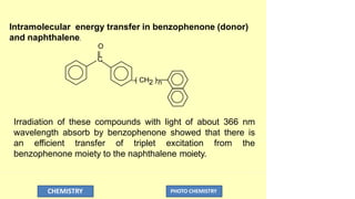 O
C
( CH2 )n
Intramolecular energy transfer in benzophenone (donor)
and naphthalene.
CHEMISTRY PHOTO CHEMISTRY
Irradiation of these compounds with light of about 366 nm
wavelength absorb by benzophenone showed that there is
an efficient transfer of triplet excitation from the
benzophenone moiety to the naphthalene moiety.
 