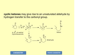 cyclic ketones may give rise to an unsaturated aldehyde by
hydrogen transfer to the carbonyl group.
O O
hv

*
n
H
H
H H H
O
O
H H
O
H
O
C
CH
H
CHEMISTRY PHOTO CHEMISTRY
Ket en
Aldehyde
α ,α _ di methyl
Cycl ohexanone
,
 