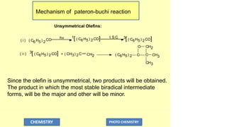 Mechanism of pateron-buchi reaction
3
( C6H5) 2 C C CH
CH3
CH2
3[ ( C6H5) 2CO] + ( CH3) 2C
6 5 2
CO
hv 1[ ( C6H5) 2CO] I.S.C. 3[ ( C6H5) 2CO]
O CH2
( i ) ( C H )
CHEMISTRY PHOTO CHEMISTRY
( i i )
Unsymmetrical Olefins:
Since the olefin is unsymmetrical, two products will be obtained.
The product in which the most stable biradical intermediate
forms, will be the major and other will be minor.
 