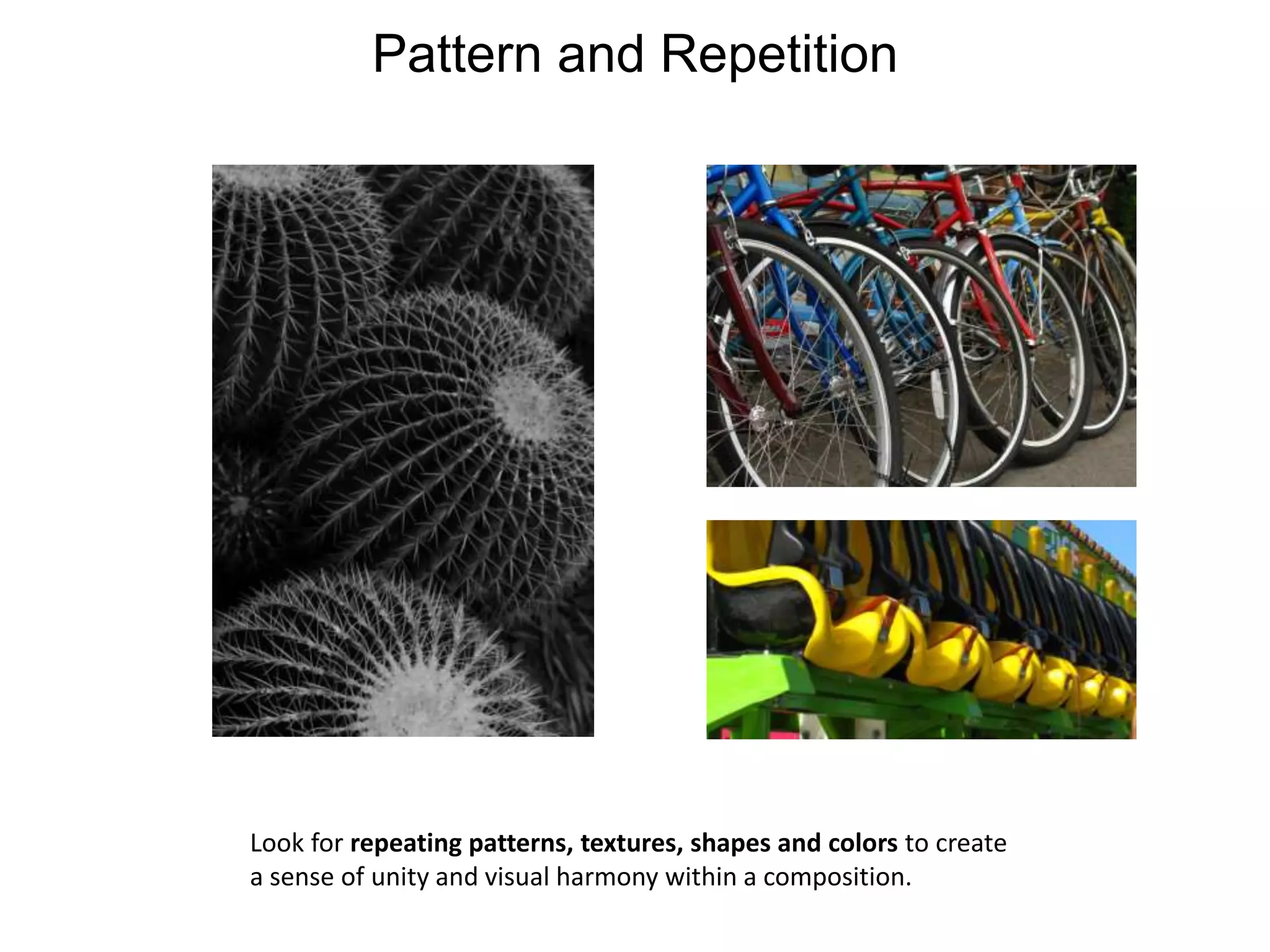 Pattern and RepetitionLook for repeating patterns, textures, shapes and colors to create a sense of unity and visual harmony within a composition.