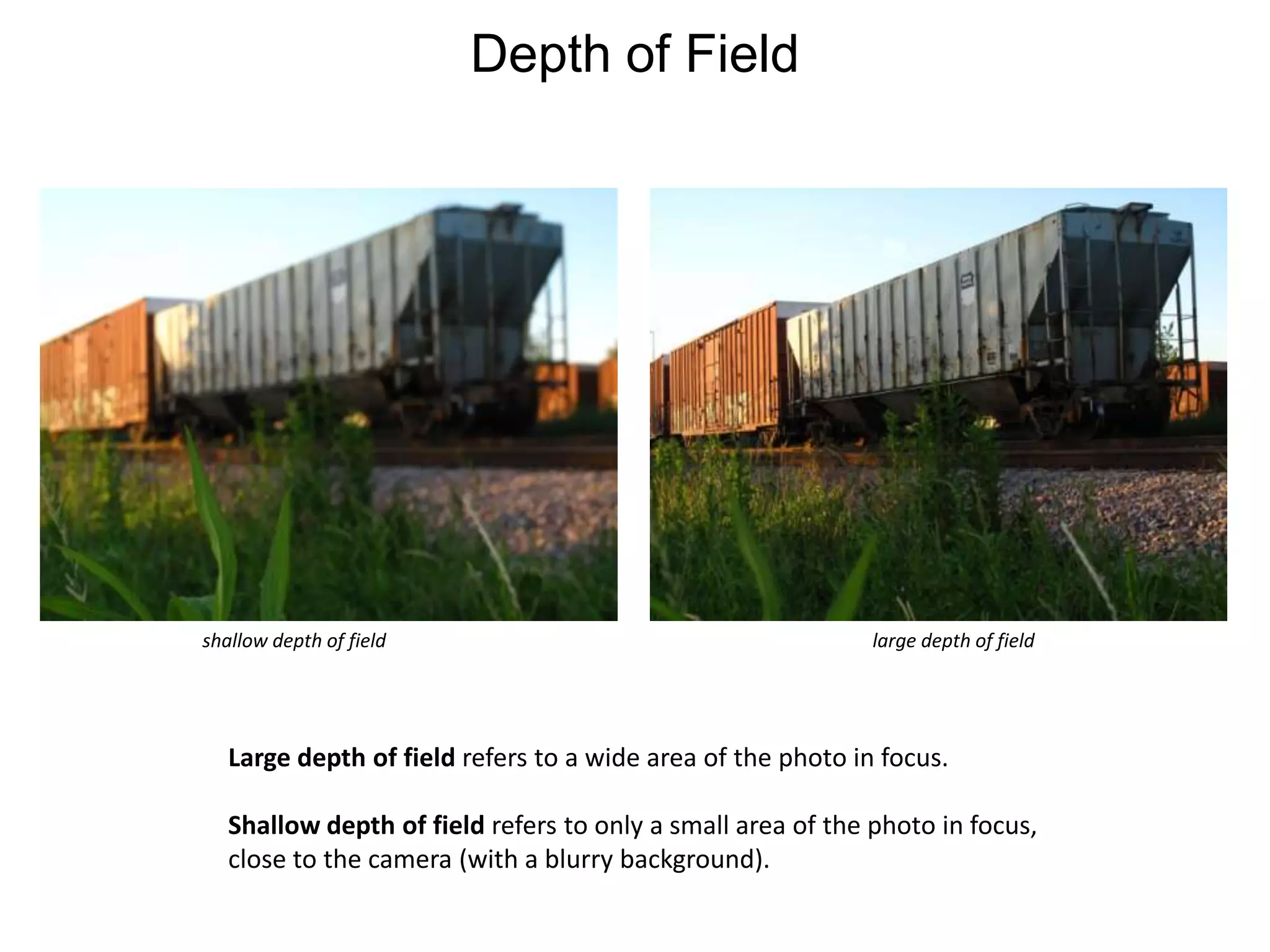 Depth of Fieldshallow depth of fieldlarge depth of fieldLarge depth of field refers to a wide area of the photo in focus.Shallow depth of field refers to only a small area of the photo in focus, close to the camera (with a blurry background).