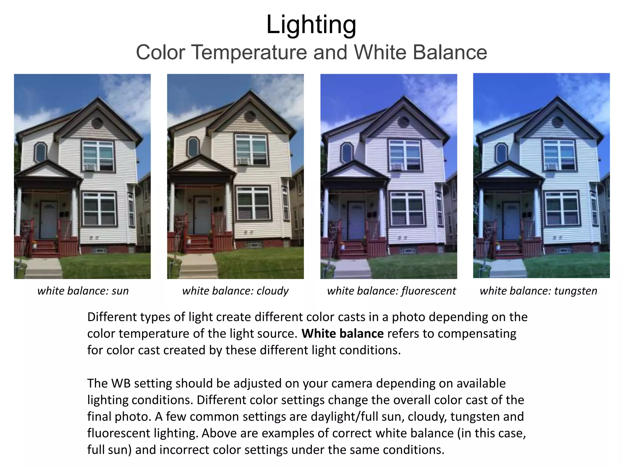 LightingColor Temperature and White Balancewhite balance: sunwhite balance: cloudywhite balance: fluorescentwhite balance: tungstenDifferent types of light create different color casts in a photo depending on the color temperature of the light source. White balance refers to compensating for color cast created by these different light conditions.The WB setting should be adjusted on your camera depending on available lighting conditions. Different color settings change the overall color cast of the final photo. A few common settings are daylight/full sun, cloudy, tungsten and fluorescent lighting. Above are examples of correct white balance (in this case, full sun) and incorrect color settings under the same conditions.