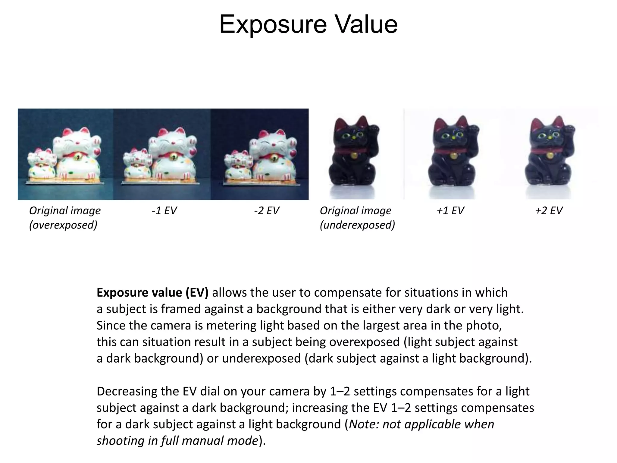 Exposure ValueOriginal image (overexposed)-1 EV-2 EVOriginal image (underexposed)+1 EV+2 EVExposure value (EV) allows the user to compensate for situations in whicha subject is framed against a background that is either very dark or very light. Since the camera is metering light based on the largest area in the photo, this can situation result in a subject being overexposed (light subject against a dark background) or underexposed (dark subject against a light background).Decreasing the EV dial on your camera by 1–2 settings compensates for a light subject against a dark background; increasing the EV 1–2 settings compensates for a dark subject against a light background (Note: not applicable when shooting in full manual mode).