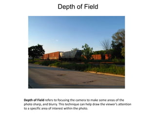 Depth of FieldDepth of Field refers to focusing the camera to make some areas of thephoto sharp, and blurry. This technique can help draw the viewer’s attention to a specific area of interest within the photo.