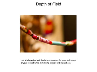 Depth of FieldUse  shallow depth of field when you want focus on a close up of your subject while minimizing background distractions.
