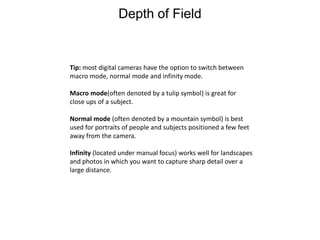 Depth of FieldTip: most digital cameras have the option to switch between macro mode, normal mode and infinity mode.Macro mode(often denoted by a tulip symbol) is great forclose ups of a subject. Normal mode (often denoted by a mountain symbol) is best used for portraits of people and subjects positioned a few feet away from the camera.Infinity (located under manual focus) works well for landscapes and photos in which you want to capture sharp detail over a large distance.