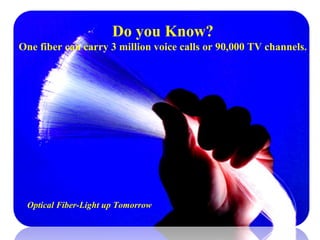 Optical Fiber-Light up Tomorrow
Do you Know?
One fiber can carry 3 million voice calls or 90,000 TV channels.
 