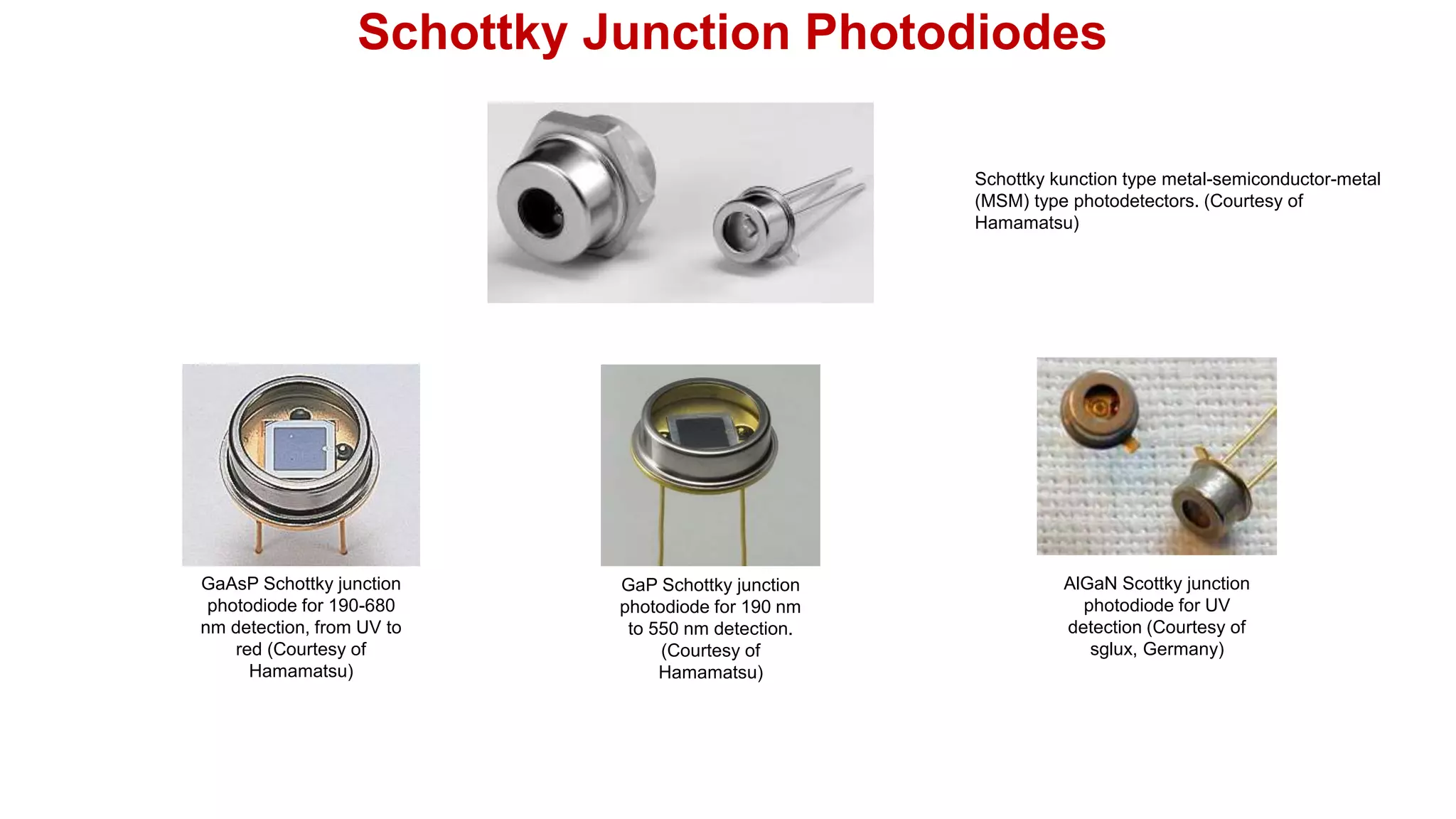 Schottky Junction Photodiodes
GaAsP Schottky junction
photodiode for 190-680
nm detection, from UV to
red (Courtesy of
Hamamatsu)
GaP Schottky junction
photodiode for 190 nm
to 550 nm detection.
(Courtesy of
Hamamatsu)
Schottky kunction type metal-semiconductor-metal
(MSM) type photodetectors. (Courtesy of
Hamamatsu)
AlGaN Scottky junction
photodiode for UV
detection (Courtesy of
sglux, Germany)
 