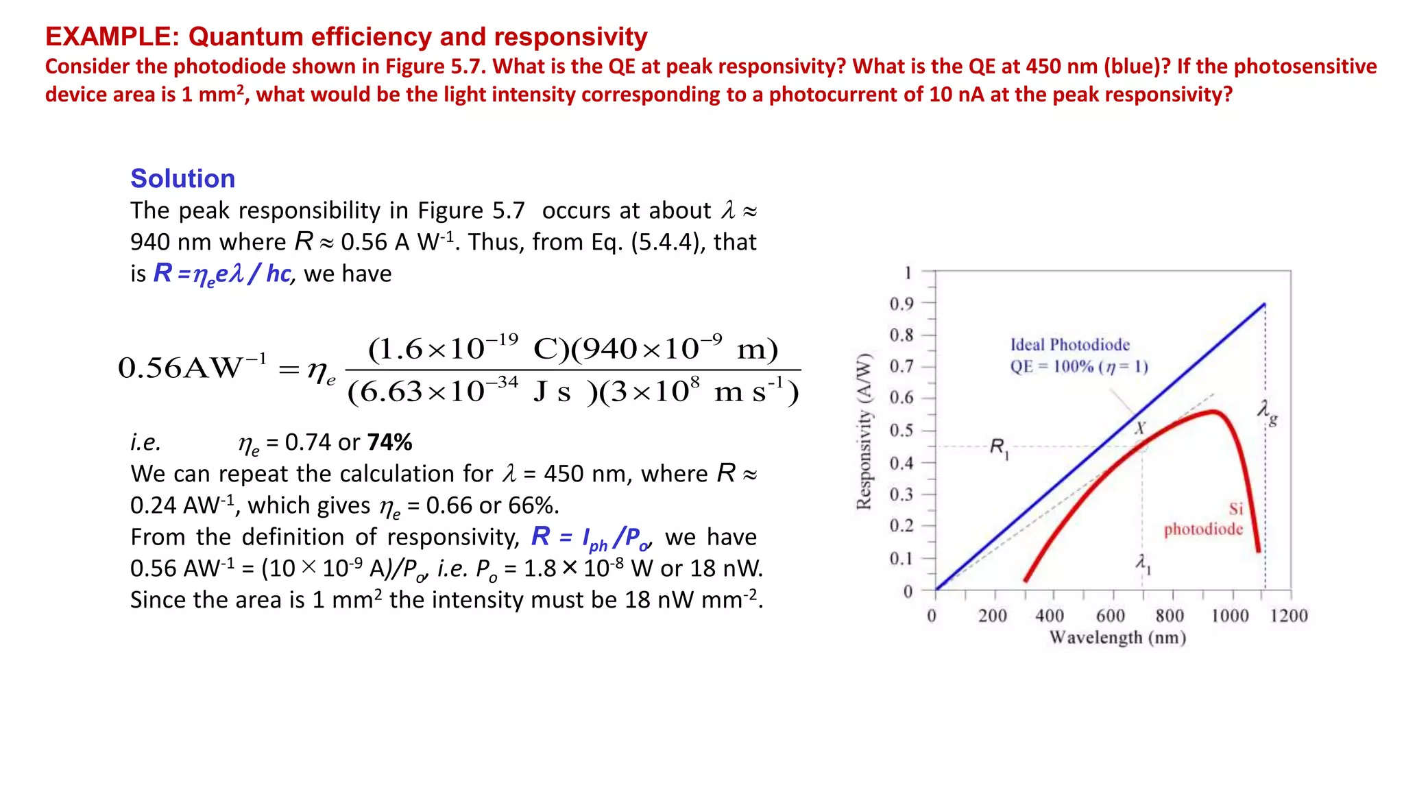 EXAMPLE: Quantum efficiency and responsivity
Consider the photodiode shown in Figure 5.7. What is the QE at peak responsivity? What is the QE at 450 nm (blue)? If the photosensitive
device area is 1 mm2, what would be the light intensity corresponding to a photocurrent of 10 nA at the peak responsivity?
Solution
The peak responsibility in Figure 5.7 occurs at about  
940 nm where R  0.56 A W-1. Thus, from Eq. (5.4.4), that
is R =ee / hc, we have
i.e. e = 0.74 or 74%
We can repeat the calculation for  = 450 nm, where R 
0.24 AW-1, which gives e = 0.66 or 66%.
From the definition of responsivity, R = Iph /Po, we have
0.56 AW-1 = (10×10-9 A)/Po, i.e. Po = 1.8×10-8 W or 18 nW.
Since the area is 1 mm2 the intensity must be 18 nW mm-2.
19 9
1
34 8 -1
(1.6 10 C)(940 10 m)
0.56AW
(6.63 10 J s )(3 10 m s )
e

 


 

 
 