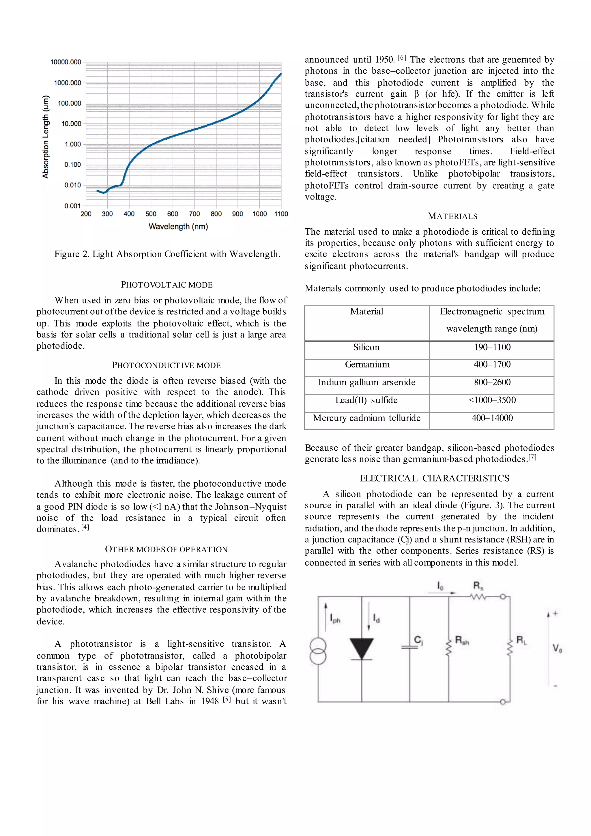 Figure 2. Light Absorption Coefficient with Wavelength.
PHOTOVOLTAIC MODE
When used in zero bias or photovoltaic mode, the flow of
photocurrent out ofthe device is restricted and a voltage builds
up. This mode exploits the photovoltaic effect, which is the
basis for solar cells a traditional solar cell is just a large area
photodiode.
PHOTOCONDUCTIVE MODE
In this mode the diode is often reverse biased (with the
cathode driven positive with respect to the anode). This
reduces the response time because the additional reverse bias
increases the width of the depletion layer, which decreases the
junction's capacitance. The reverse bias also increases the dark
current without much change in the photocurrent. For a given
spectral distribution, the photocurrent is linearly proportional
to the illuminance (and to the irradiance).
Although this mode is faster, the photoconductive mode
tends to exhibit more electronic noise. The leakage current of
a good PIN diode is so low (<1 nA) that the Johnson–Nyquist
noise of the load resistance in a typical circuit often
dominates.[4]
OTHER MODES OF OPERATION
Avalanche photodiodes have a similar structure to regular
photodiodes, but they are operated with much higher reverse
bias. This allows each photo-generated carrier to be multiplied
by avalanche breakdown, resulting in internal gain within the
photodiode, which increases the effective responsivity of the
device.
A phototransistor is a light-sensitive transistor. A
common type of phototransistor, called a photobipolar
transistor, is in essence a bipolar transistor encased in a
transparent case so that light can reach the base–collector
junction. It was invented by Dr. John N. Shive (more famous
for his wave machine) at Bell Labs in 1948 [5] but it wasn't
announced until 1950. [6] The electrons that are generated by
photons in the base–collector junction are injected into the
base, and this photodiode current is amplified by the
transistor's current gain β (or hfe). If the emitter is left
unconnected,the phototransistor becomes a photodiode. While
phototransistors have a higher responsivity for light they are
not able to detect low levels of light any better than
photodiodes.[citation needed] Phototransistors also have
significantly longer response times. Field-effect
phototransistors, also known as photoFETs, are light-sensitive
field-effect transistors. Unlike photobipolar transistors,
photoFETs control drain-source current by creating a gate
voltage.
MATERIALS
The material used to make a photodiode is critical to defining
its properties, because only photons with sufficient energy to
excite electrons across the material's bandgap will produce
significant photocurrents.
Materials commonly used to produce photodiodes include:
Material Electromagnetic spectrum
wavelength range (nm)
Silicon 190–1100
Germanium 400–1700
Indium gallium arsenide 800–2600
Lead(II) sulfide <1000–3500
Mercury cadmium telluride 400–14000
Because of their greater bandgap, silicon-based photodiodes
generate less noise than germanium-based photodiodes.[7]
ELECTRICAL CHARACTERISTICS
A silicon photodiode can be represented by a current
source in parallel with an ideal diode (Figure. 3). The current
source represents the current generated by the incident
radiation, and the diode represents the p-n junction. In addition,
a junction capacitance (Cj) and a shunt resistance (RSH) are in
parallel with the other components. Series resistance (RS) is
connected in series with all components in this model.
 