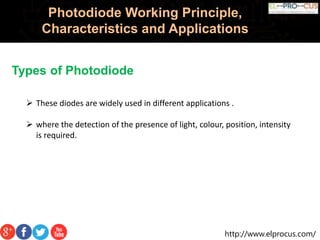 http://www.elprocus.com/
Photodiode Working Principle,
Characteristics and Applications
Types of Photodiode
 These diodes are widely used in different applications .
 where the detection of the presence of light, colour, position, intensity
is required.
 