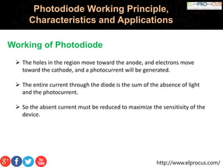 http://www.elprocus.com/
Photodiode Working Principle,
Characteristics and Applications
Working of Photodiode
 The holes in the region move toward the anode, and electrons move
toward the cathode, and a photocurrent will be generated.
 The entire current through the diode is the sum of the absence of light
and the photocurrent.
 So the absent current must be reduced to maximize the sensitivity of the
device.
 