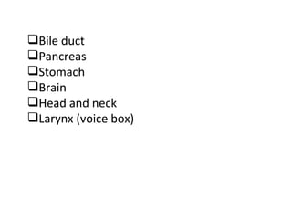 Bile duct Pancreas Stomach Brain Head and neck Larynx (voice box) 
