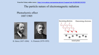 Incoming photons Outcoming electrons
metal plate
Photoelectric effect
1887/1905
The particle nature of electromagnetic radiation
H. Hertz (1857-1894) A. Einstein (1879-1955)
From the Udemy online course: https://www.udemy.com/quantum-physics/?couponCode=SLIDESHCOUPON
 