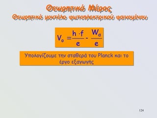 124
Θεωρητικό Μέρος
Υπολογίζουμε την σταθερά του Planck και το
έργο εξαγωγής
Θεωρητικό μοντέλο φωτοηλεκτρικού φαινομένου

 
α
o
W
h f
V
e e
 