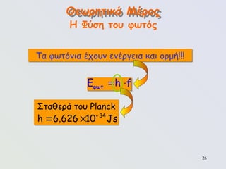 26
Σταθερά του Planck
Θεωρητικό Μέρος
Η Φύση του φωτός
34
h 6.626 10 Js

 
φωτ
E h f
 
Τα φωτόνια έχουν ενέργεια και ορμή!!!
 