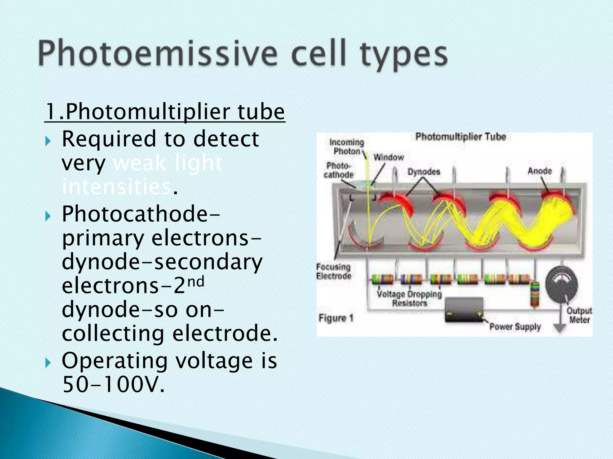 1.Photomultiplier tube
 Required to detect
very weak light
intensities.
 Photocathodeprimary electronsdynode-secondary
electrons-2nd
dynode-so oncollecting electrode.
 Operating voltage is
50-100V.

 