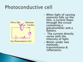 





When light of varying
intensity falls on the
film, a current flows
through the circuit
containing a
galvanometer and a
battery.
The current directly
varies with the
intensity of light.
Works under two
methodstransmittance &
reflectance.

 
