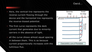 Contd..
• Here, the vertical line represents the
reverse current flowing through the
device and the horizontal line represents
the reverse-biased potential.
• The first curve represents the dark
current that generates due to minority
carriers in the absence of light.
• all the curve shows almost equal spacing
in between them. This is so because
current proportionally increases with the
luminous flux.
 