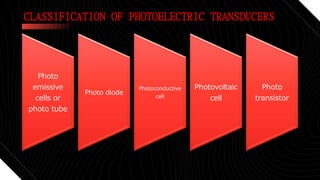 CLASSIFICATION OF PHOTOELECTRIC TRANSDUCERS
Photo
emissive
cells or
photo tube
Photo diode
Photoconductive
cell
Photovoltaic
cell
Photo
transistor
 
