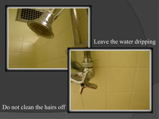  Leave the water dripping Do not clean the hairs off 