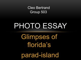 Cleo Bertrand
    Group 503



PHOTO ESSAY
 Glimpses of
   florida’s
 parad-island
 