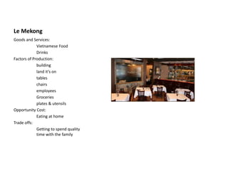 Le Mekong
Goods and Services:
Vietnamese Food
Drinks
Factors of Production:
building
land it’s on
tables
chairs
employees
Groceries
plates & utensils
Opportunity Cost:
Eating at home
Trade offs:
Getting to spend quality
time with the family
 