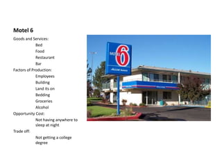Motel 6
Goods and Services:
Bed
Food
Restaurant
Bar
Factors of Production:
Employees
Building
Land its on
Bedding
Groceries
Alcohol
Opportunity Cost:
Not having anywhere to
sleep at night
Trade off:
Not getting a college
degree
 