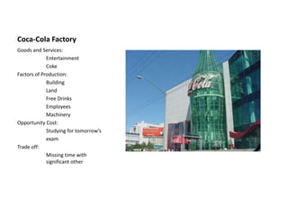 Coca-Cola Factory
Goods and Services:
Entertainment
Coke
Factors of Production:
Building
Land
Free Drinks
Employees
Machinery
Opportunity Cost:
Studying for tomorrow’s
exam
Trade off:
Missing time with
significant other
 