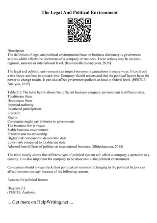 The Legal And Political Environment
Description
The definition of legal and political environmental base on business dictionary is government
actions which affects the operations of a company or business. These actions may be on local,
regional, national or international level. (BusinessDictionary.com, 2015)
The legal and political environment can impact business organizations in many ways. It could add
a risk factor and lead to a major loss. Company should understand that the political factors have the
power to change results. It can also affect government policies at local to federal level. (PESTLE
Analysis, 2015)
Table 2.1: The table below shows the different business company environment in different state.
Totalitarian State
Democratic State
Imposed authority.
Restricted participation.
Freedom.
Rights.
Companies might pay briberies to government.
The business law is vague.
Stable business environment.
Freedom and no censorship.
Higher risk compared to democratic state.
Lower risk compared to totalitarian state.
Adapted from Effects of politics on international business. (Slideshare.net, 2015)
The table clearly shows that different type of political system will affect a company s operation in a
country. It is also important for company to be observant to the political environment.
Companies should always track their political environment. Changing in the political factors can
affect business strategy because of the following reasons:
Reasons for political factors
Diagram 2.2
(PESTLE Analysis,
... Get more on HelpWriting.net ...
 