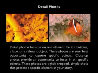 Detail photos focus in on one element, be it a building,
a face, or a relevant object. These photos are your best
opportunity to capture specific objects. Close-up
photos provide an opportunity to focus in on specific
objects. These photos are tightly cropped, simple shots
that present a specific element of your story.
Detail Photos
 