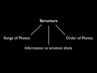 Range of Photos Order of Photos
Information vs emotion shots
Structure
 